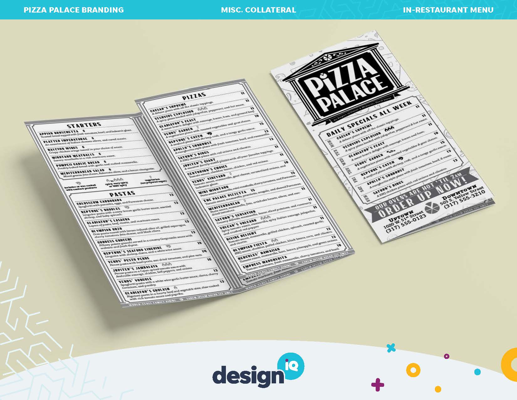 Pizza Palace menu in black and white by DesigniQ